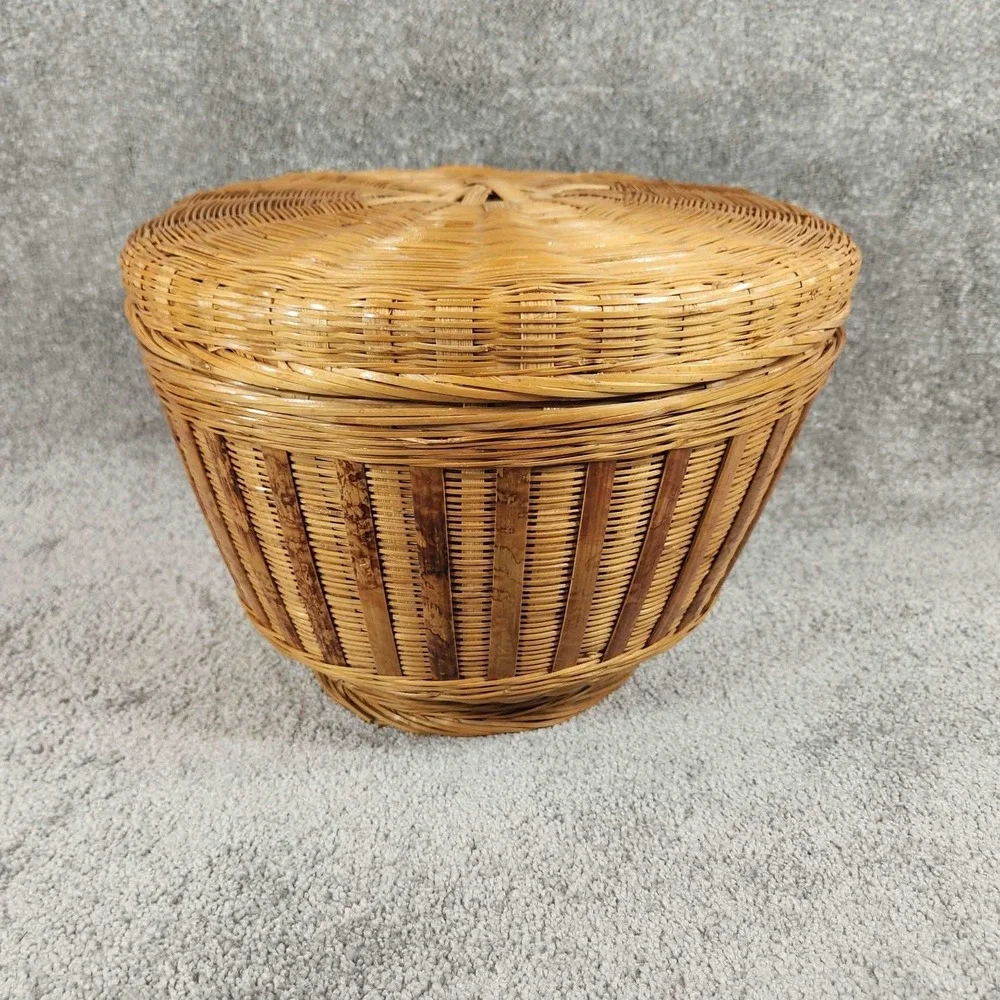 Woven Bamboo Basket Natural Tan Lidded Round Boho Storage Decor